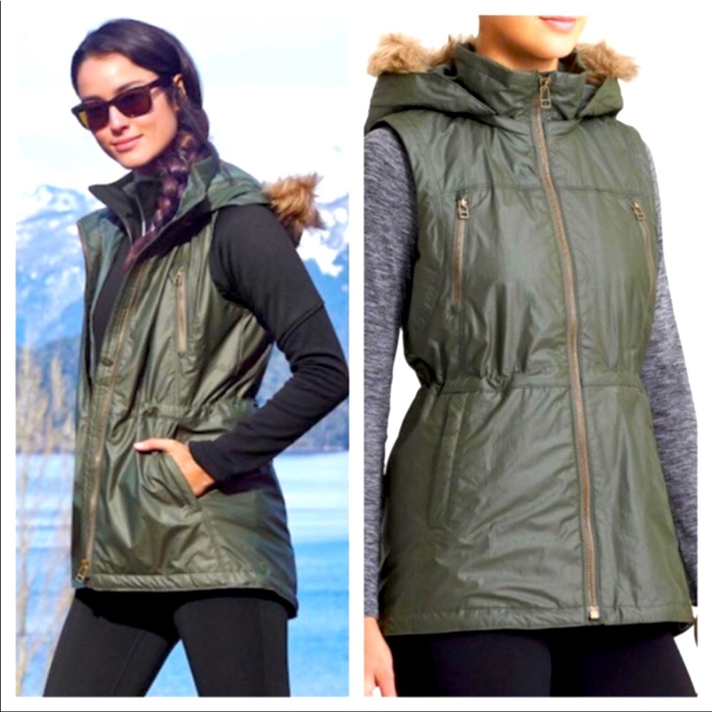 Athleta long vest w/ faux fur trim hood